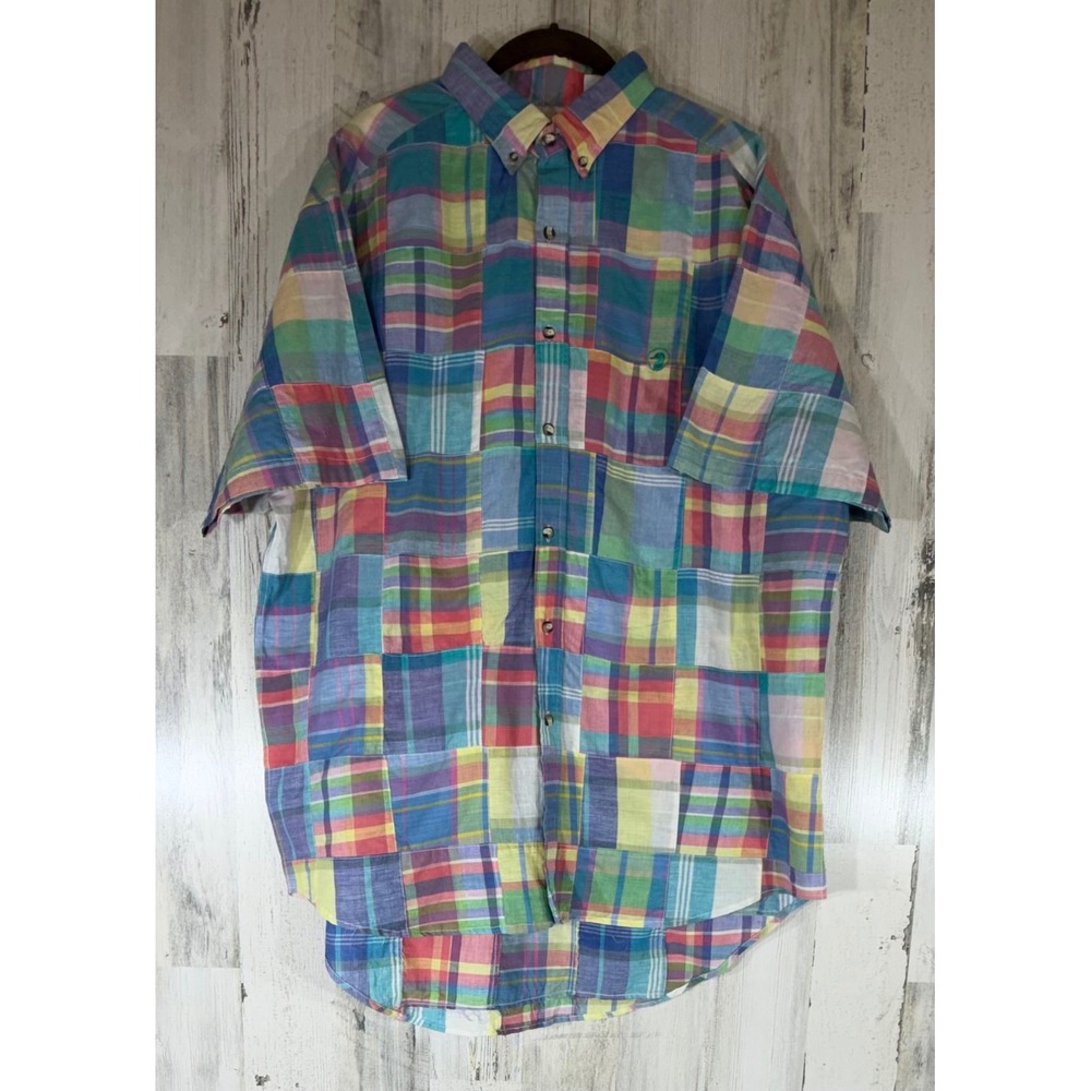Duck Head Button Up XL Multicolor Patchwork Madras Button Down Vintage 90s READ